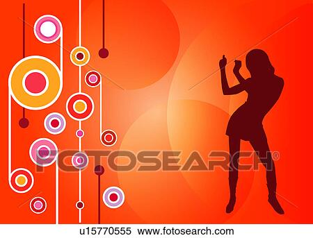 Stock Illustration - Silhouette of one woman standing and gesturing with pattern of circles. Fotosearch