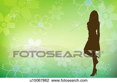 Drawing - Silhouette of one woman standing with feet up, floral pattern in background. Fotosearch