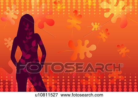 Stock Illustration - Silhouette of one woman standing with floral pattern in background. Fotosearch