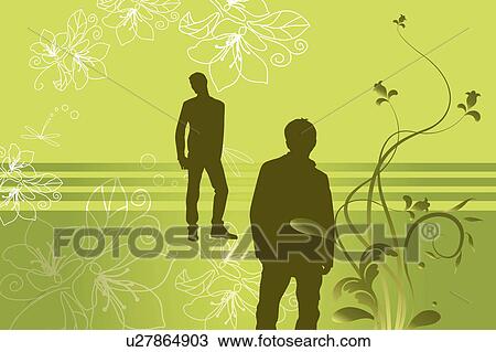Drawing - Silhouette of two men standing with floral pattern in background. Fotosearch