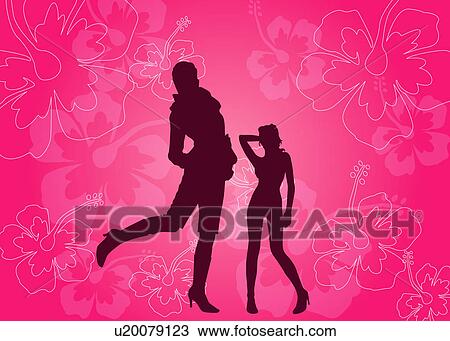 Drawing - Silhouette of two women standing with floral pattern in background. Fotosearch