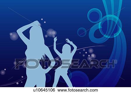 Stock Illustration - Silhouette of two women standing with hands up, floral pattern in background. Fotosearch