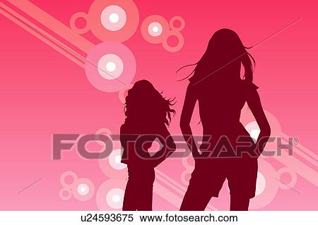 Silhouette of two women standing with floral pattern in background View Large Illustration Stock Illustration - Silhouette of two women standing with floral pattern in background. Fotosearch