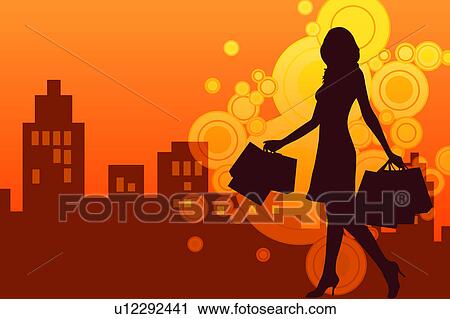 Clip Art - Silhouette of woman holding shopping bags and walking in modern city. Fotosearch