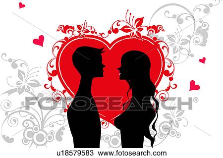 Drawing - Silhouette of young couple looking at each other with heart shape in background. Fotosearch