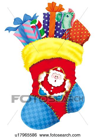 Clip Art - Christmas Stocking Stuffed With Gifts. Fotosearch
