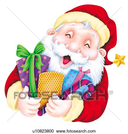 Clipart - Portrait of Santa Claus holding gifts. Fotosearch