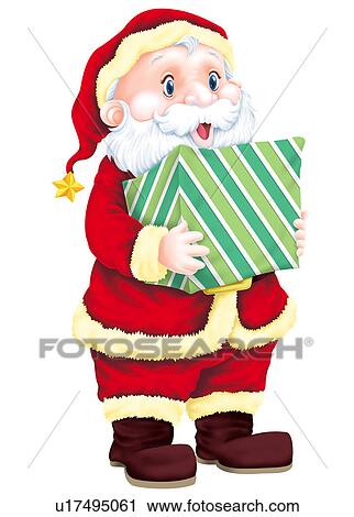 Clipart - Santa Claus holding a gift. Fotosearch
