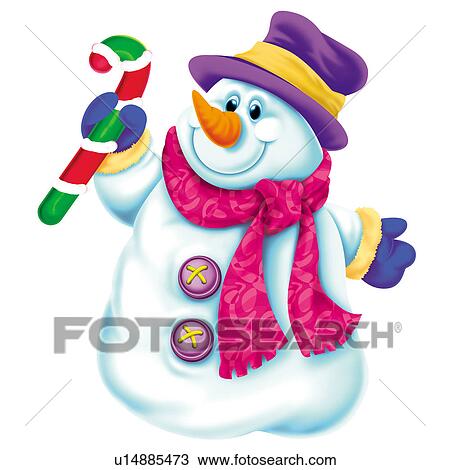 Snowman with hat and scarf, holding a candy cane View Large Clip Art Graphic Clipart - Snowman with hat and scarf, holding a candy cane. Fotosearch