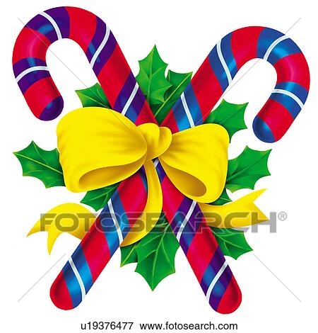 Clip Art - Two candy canes tied up with a yellow ribbon. Fotosearch