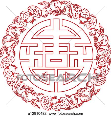 Drawing - Lucky pattern with peaches, Peach stand for longevity. Fotosearch