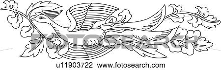 Drawing - Mystical bird holding twig in mouth. Fotosearch