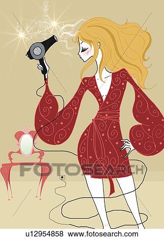 Stock Illustration - Young woman drying hair. Fotosearch