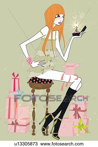 Drawing - Young woman holding jewelry box with ring. Fotosearch