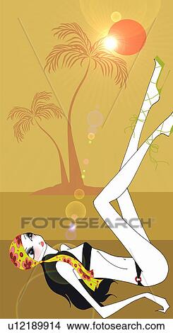 Stock Illustration - Young woman in bikini and head scarf on a tropical beach. Fotosearch