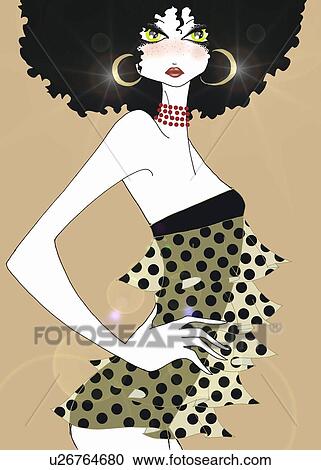 Clipart - Young woman in polka dot dress. Fotosearch