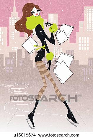 Young woman on ice skates with shopping bags View Large Illustration Stock Illustration - Young woman on ice skates with shopping bags. Fotosearch