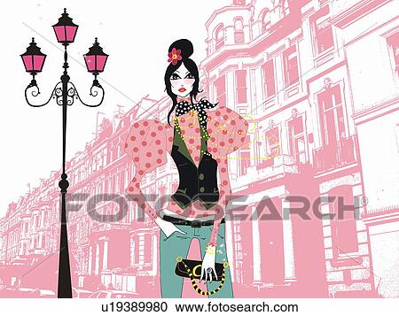 Clipart - Young woman posing on the street. Fotosearch