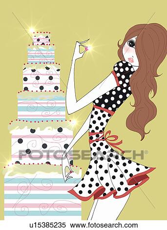 Young woman standing next to tall cake View Large Illustration Stock Illustration - Young woman standing next to tall cake. Fotosearch