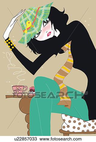 Drawing - Young woman with coffee and a sweet. Fotosearch