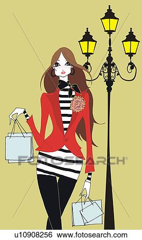 Stock Illustration - Young woman with shopping bags on the street. Fotosearch