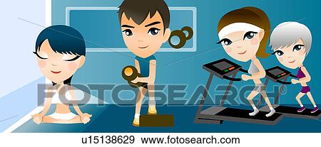 ３人の少女たち そして A 男の子 運動 中に A ジム イラスト U Fotosearch