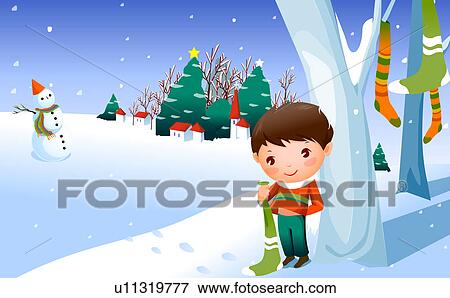 男の子 保有物 クリスマスｽﾄｯｷﾝｸﾞ で A 雪だるま 地位 中に 背景 イラスト U Fotosearch