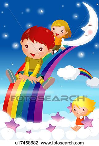 Boy and a girl sliding on a rainbow Drawing | u17458682 | Fotosearch