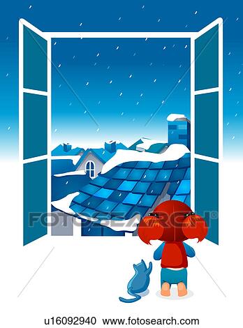 Rear view of a girl and a cat looking out of a window Clipart