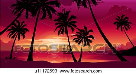 Silhouette Of Palm Trees At Sunset Drawing U11172593 Fotosearch