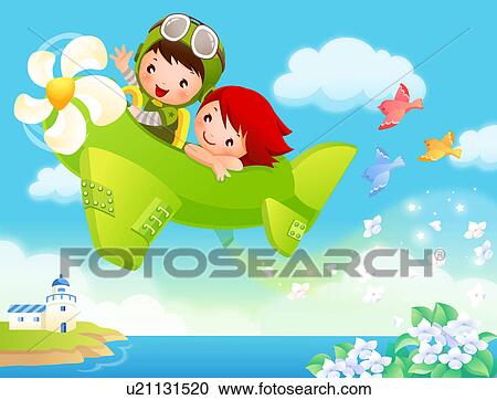 男の子 そして A 女の子 旅行 中に 飛行機 クリップアート 切り張り イラスト 絵画 集 U Fotosearch