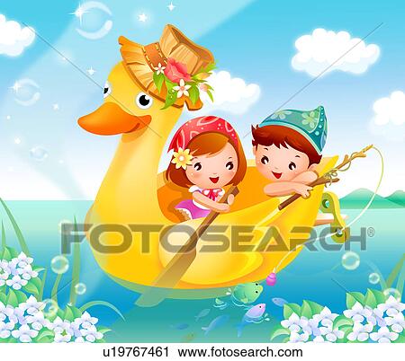 男の子 そして A 女の子 浮く 上に A アヒル ボート クリップアート U Fotosearch