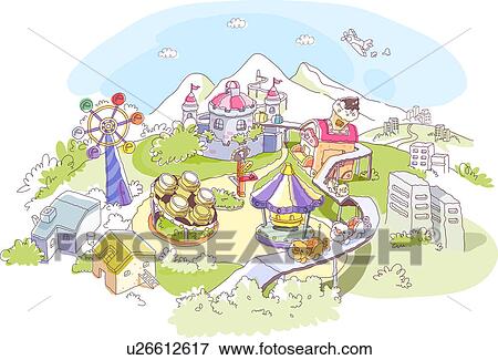 高い 角度 眺め の 遊園地 イラスト U Fotosearch