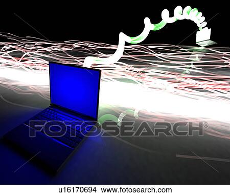 Stock Illustration - Two computers linked with cables. Fotosearch