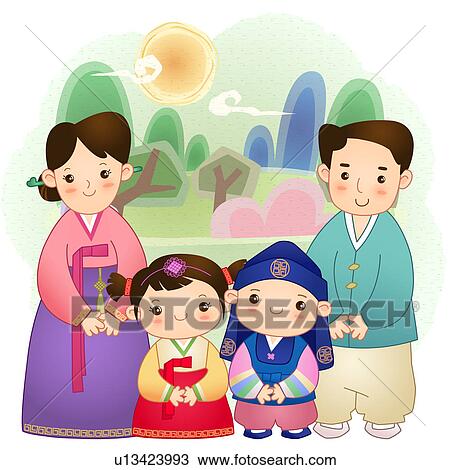 Drawing of Korean Family in Traditional Clothes. u13423993 - Search ...