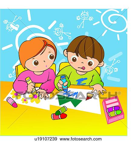 Stock Illustration of class room, kindergartener, indoors, girl, boy ...