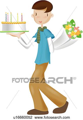 Clip Art of Young Man with Birthday Cake and Flowers u16660052 - Search ...