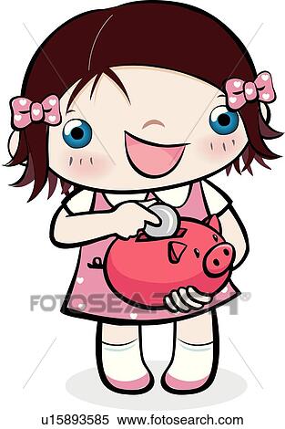 Stock Illustration of piggy bank, School life, women, woman, child ...