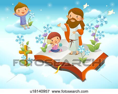 イエス キリスト で ２人の子供たち 上に 雲 イラスト U Fotosearch