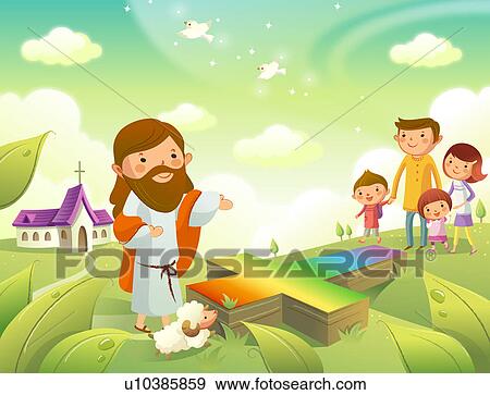 Jesus Christ Gesturing Towards A Family Stock Illustration