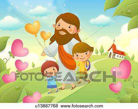 Stock Illustration of Jesus Christ walking with two children u13887768 ...