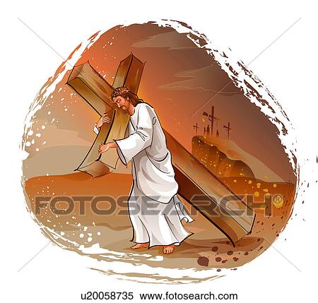 イエス キリスト 届く A 十字架像 上に 彼の 肩 イラスト U Fotosearch