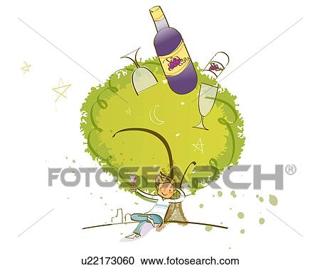 人 に対して 傾斜 A 木 そして コップを持つ の ワイン クリップアート 切り張り イラスト 絵画 集 U Fotosearch