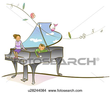 女の子 そして A 男の子のモデル 上に A ピアノ イラスト U Fotosearch