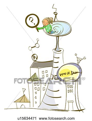 女の子 保有物 A クエスチョンマーク 上に A 衛星 皿 上に 上 の A 建物 クリップアート U Fotosearch