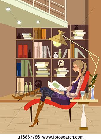 woman reading side sitting illustration profile chair lounge clip fotosearch