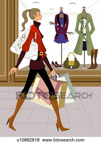 Stock Ilustrácia - strana profile, od, jeden, žena, beriem, shopping taska, in front of, jeden, zásoba. Fotosearch