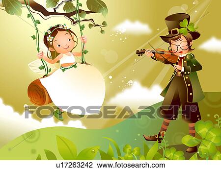 Boy Playing A Violin With A Girl Swinging Near Him Drawing