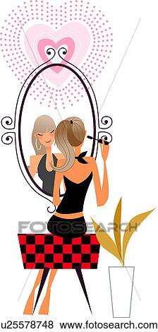 女性の モデル の前 A 鏡 そして メイクアップを応用する イラスト U Fotosearch