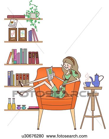 Frau Sitzen In Ein Sessel Und Lesen Buches Clipart U Fotosearch